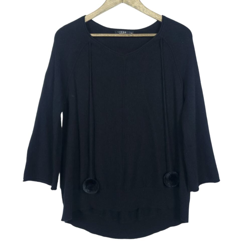 Lusso Womens Sweater Medium Black Cashmere Long Sleeves V Neck Pullover Shirt